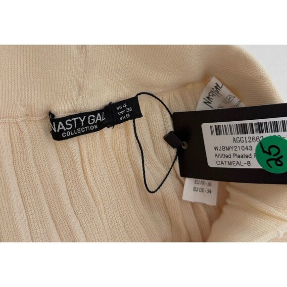 NWT Nasty Gal Ostmeal Knitted Pleated Wide Leg Trousers Elastic High Waist Sz 4 - Picture 5 of 11